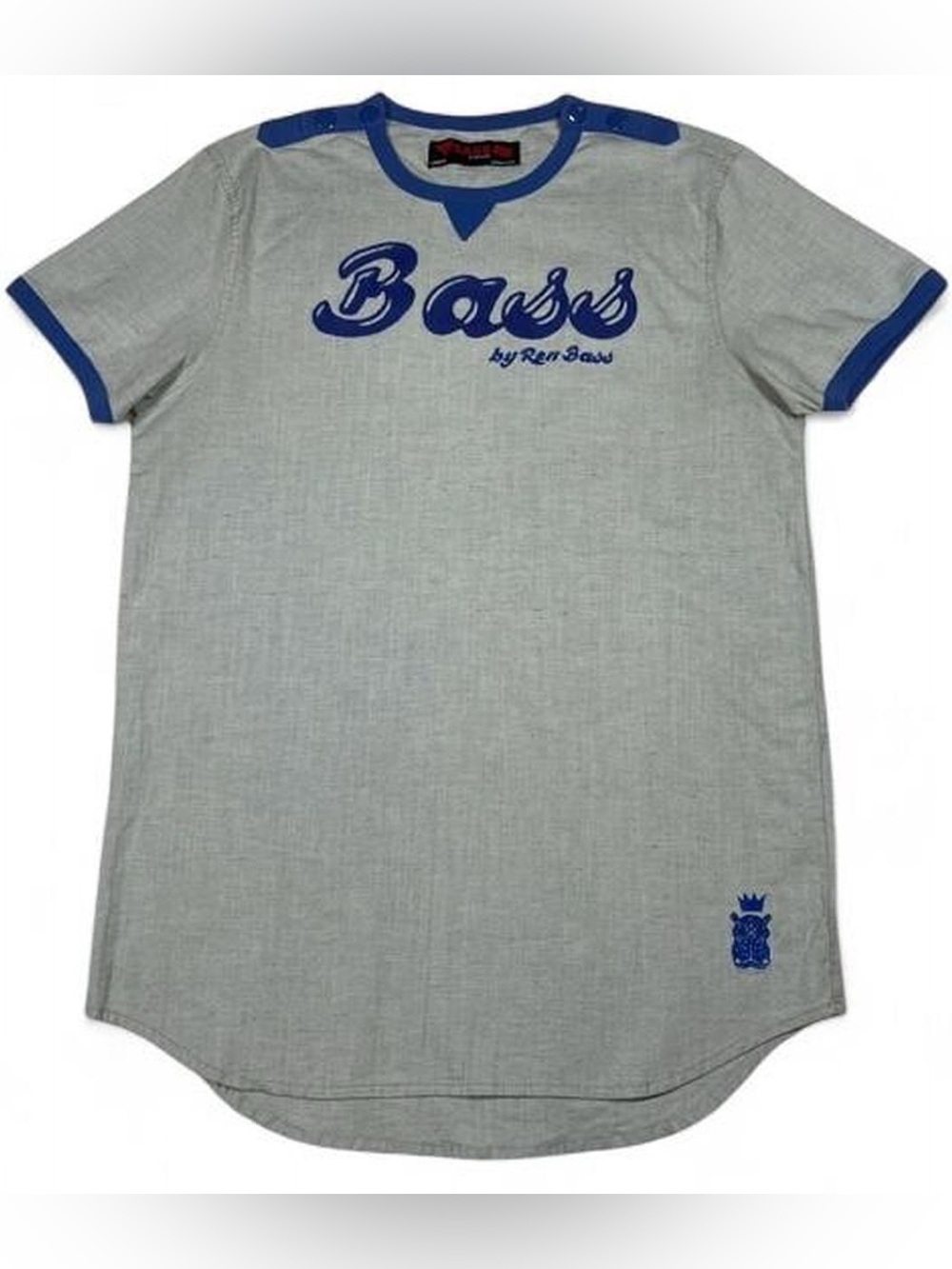 Bass by Ron Bass Grey w/Blue Trim Canvas Baseball T-shirt Men’s Size L Slim Fit
